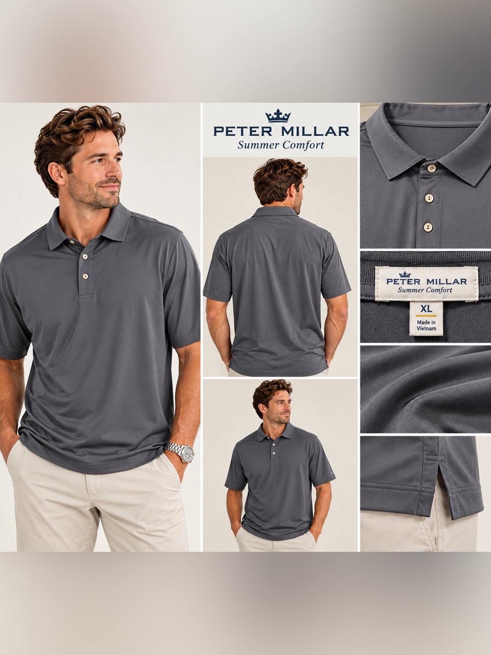 Peter Millar Summer Comfort Polo Shirt XL Gray Performance Stretch Golf